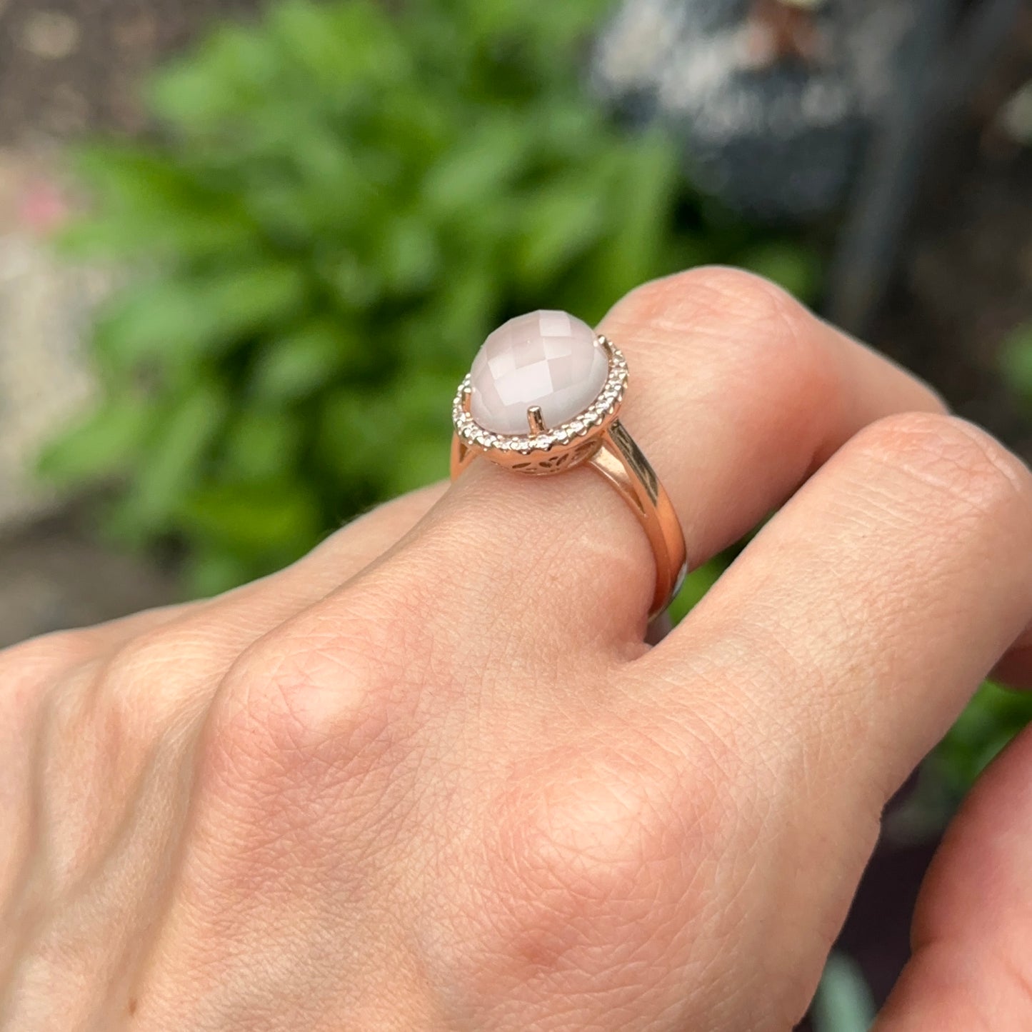 14KT Rose Gold Cabochon Rose Quartz + Diamonds Halo Band Ring