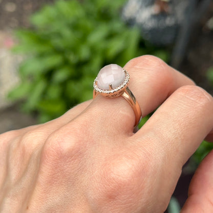 14KT Rose Gold Cabochon Rose Quartz + Diamonds Halo Band Ring
