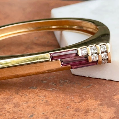 Estate Kabana 14KT Yellow Gold Rhodolite Garnet + Diamond Square Bangle Cuff Bracelet