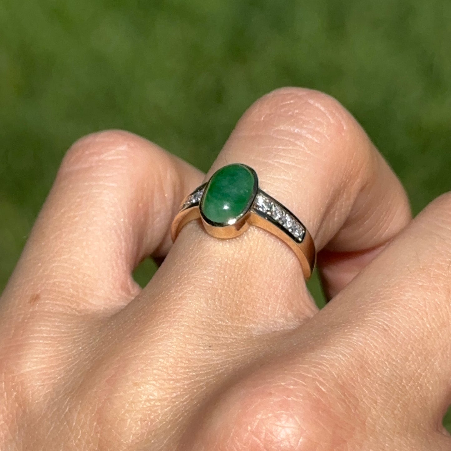 Estate 14KT Yellow Gold Cabochon Green Jade + Diamond Band Ring
