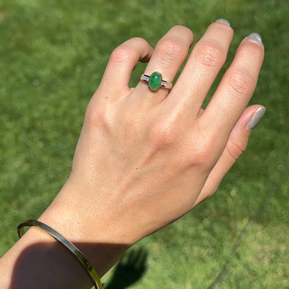 Estate 14KT Yellow Gold Cabochon Green Jade + Diamond Band Ring