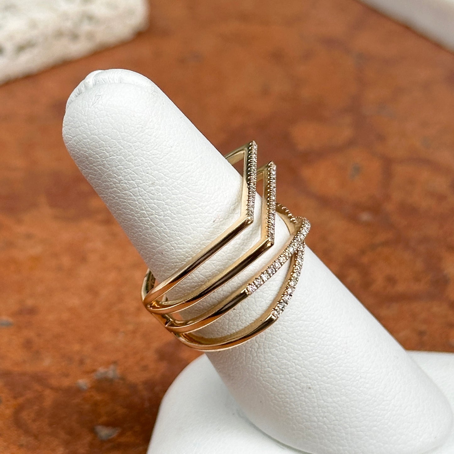 14KT Yellow Gold Round Diamond Geometric Style 4 Row Ring