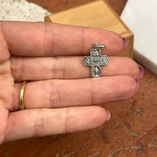 Sterling Silver Four Way Catholic Cross Medal Engraved Pendant Charm 19mm - LSJ
