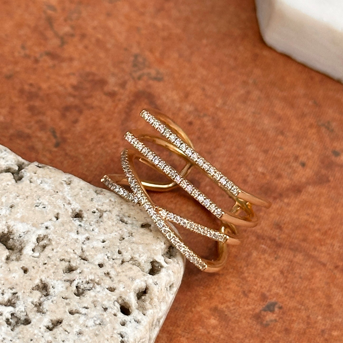 14KT Yellow Gold Round Diamond Geometric Style 4 Row Ring