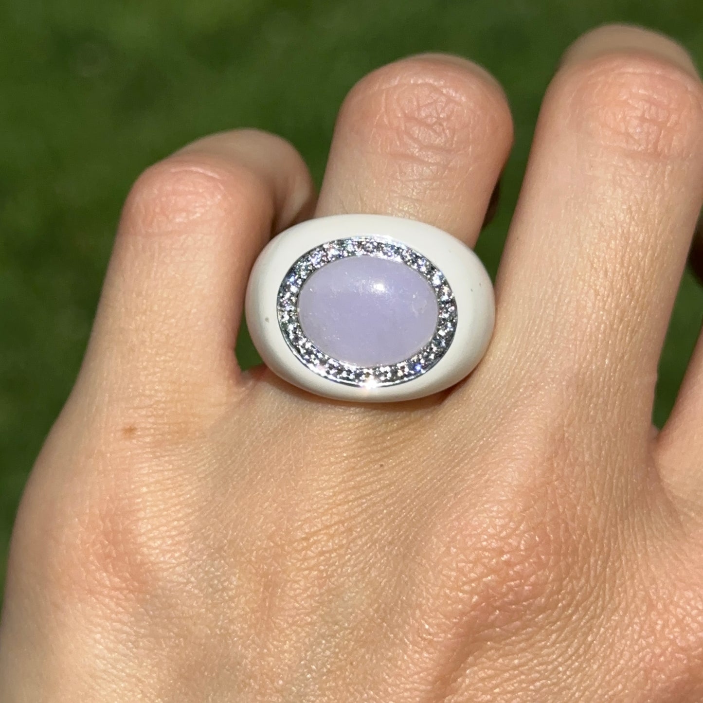 Estate 14KT White Gold Lavender Jade + Diamond Halo Ring