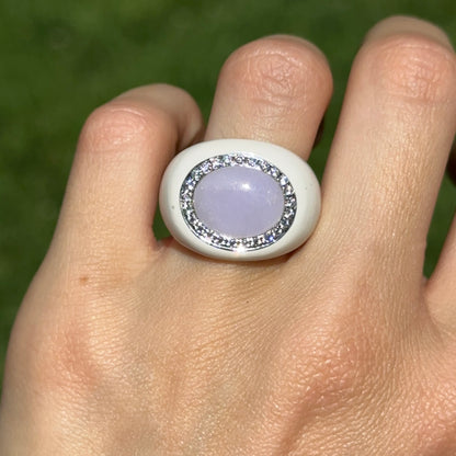 Estate 14KT White Gold Lavender Jade + Diamond Halo Ring