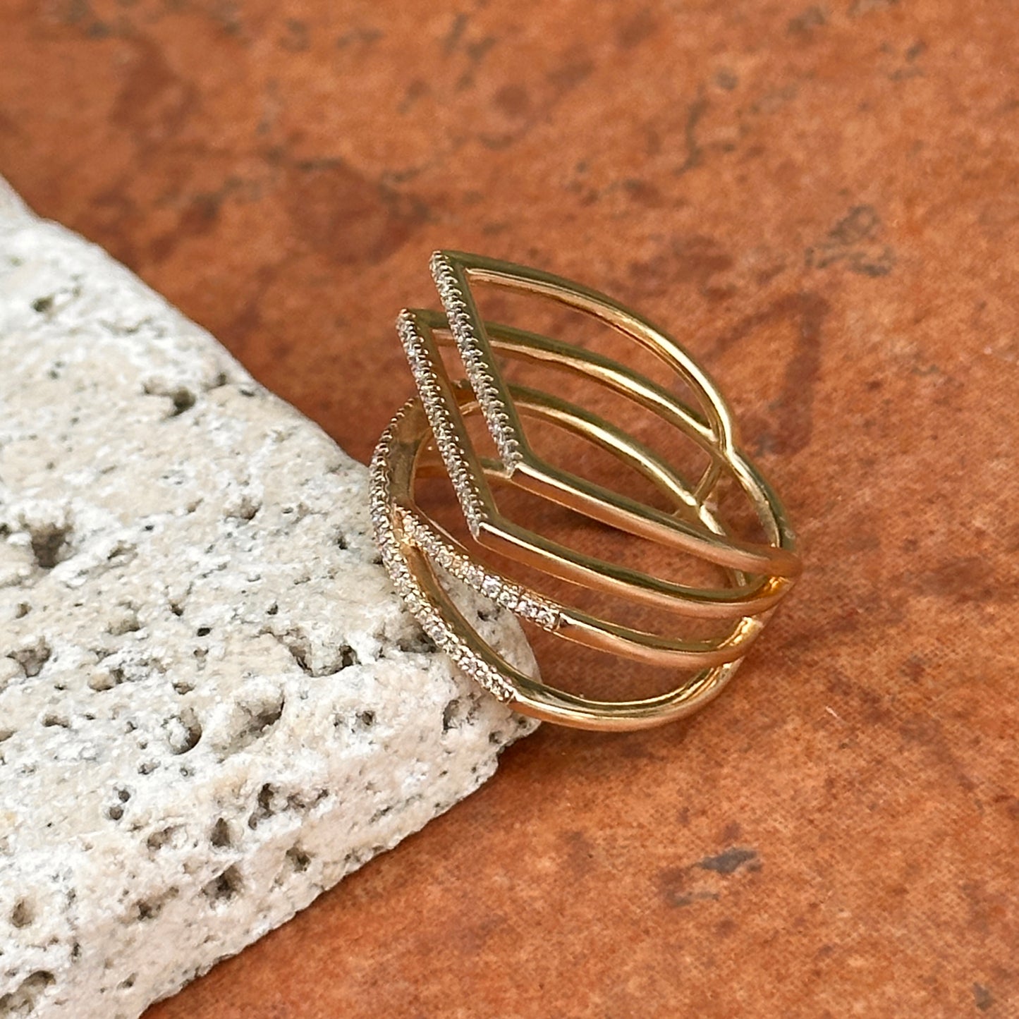 14KT Yellow Gold Round Diamond Geometric Style 4 Row Ring