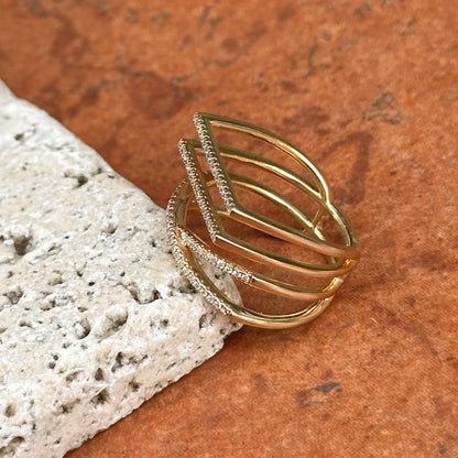 14KT Yellow Gold Round Diamond Geometric Style 4 Row Ring