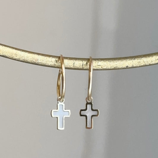 14KT Yellow Gold Small Endless Hoop + Mother of Pearl Cross Charms Earrings