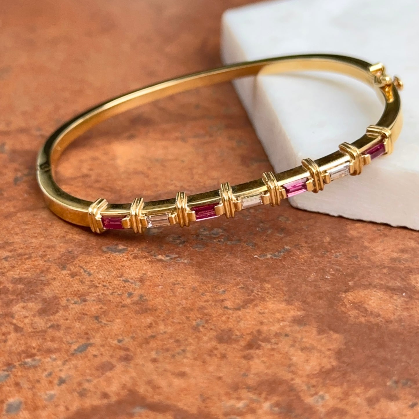 Estate 18KT Yellow Gold Baguette Red Ruby + Diamond Bangle Cuff Bracelet