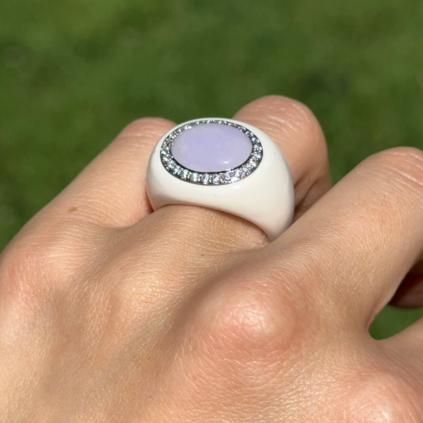Estate 14KT White Gold Lavender Jade + Diamond Halo Ring