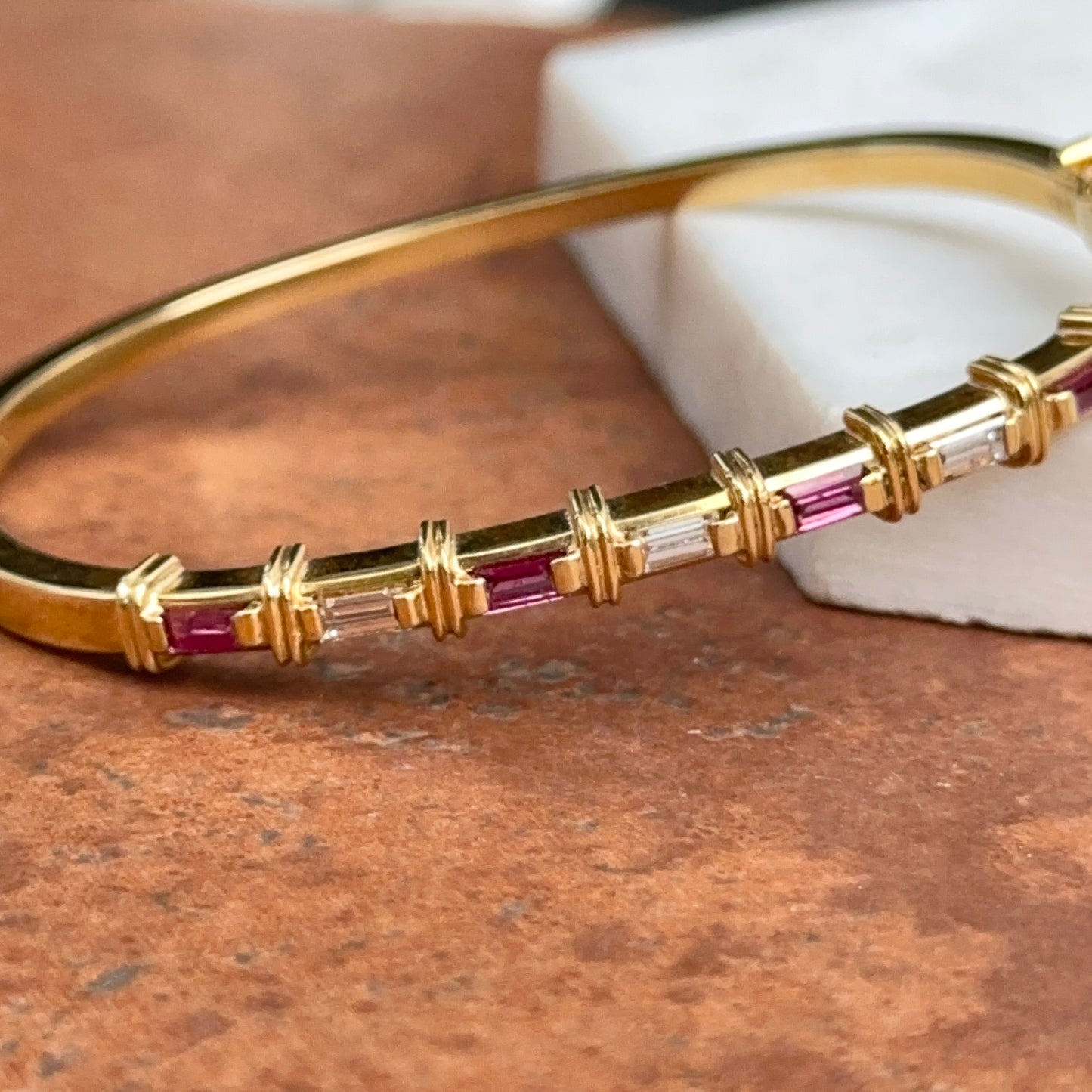 Estate 18KT Yellow Gold Baguette Red Ruby + Diamond Bangle Cuff Bracelet