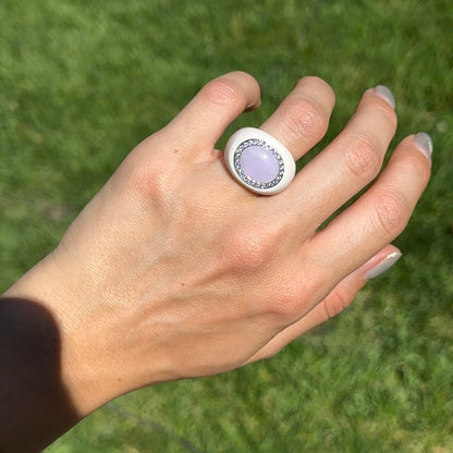 Estate 14KT White Gold Lavender Jade + Diamond Halo Ring