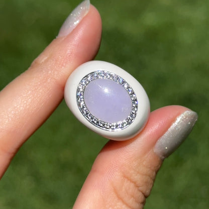 Estate 14KT White Gold Lavender Jade + Diamond Halo Ring