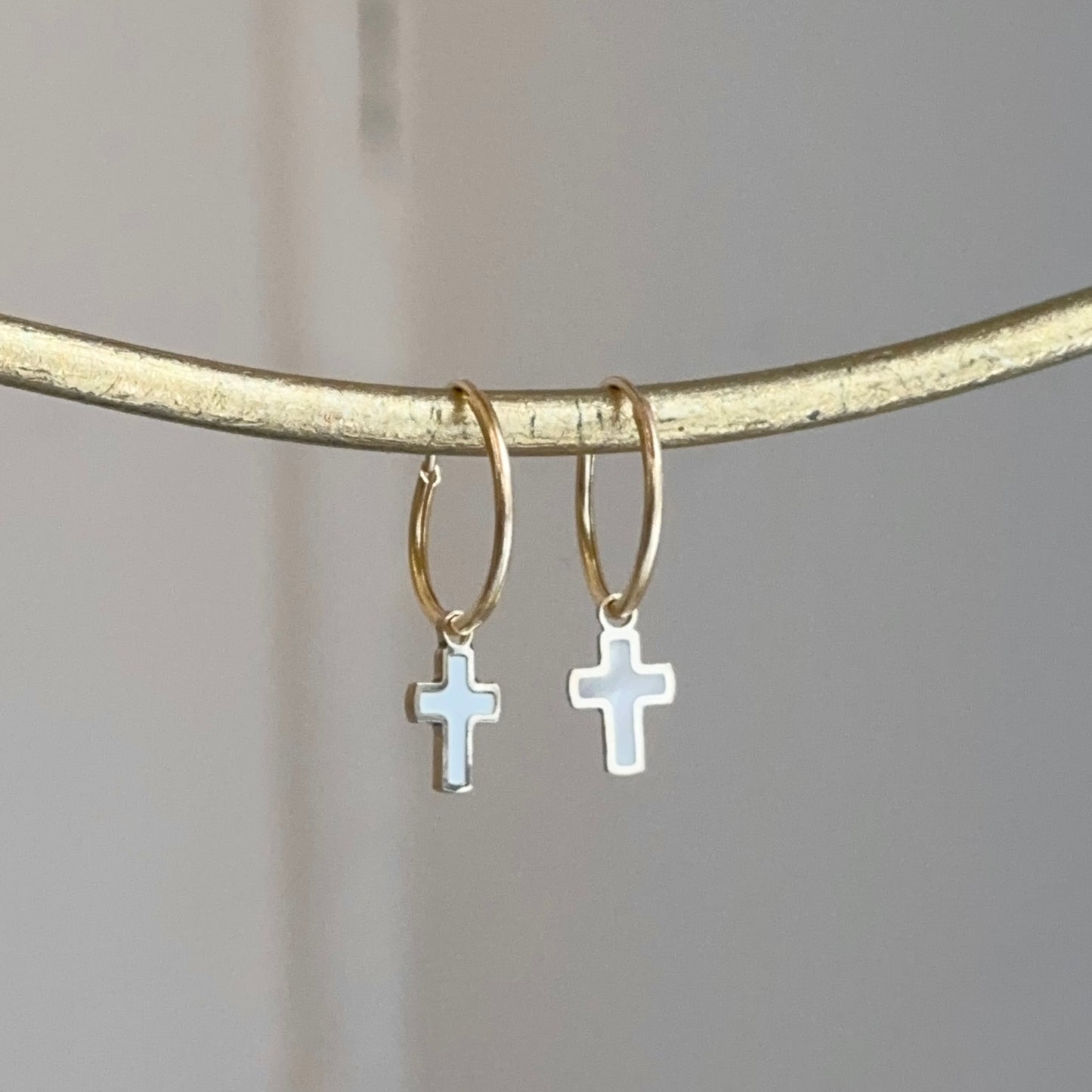 14KT Yellow Gold Small Endless Hoop + Mother of Pearl Cross Charms Earrings