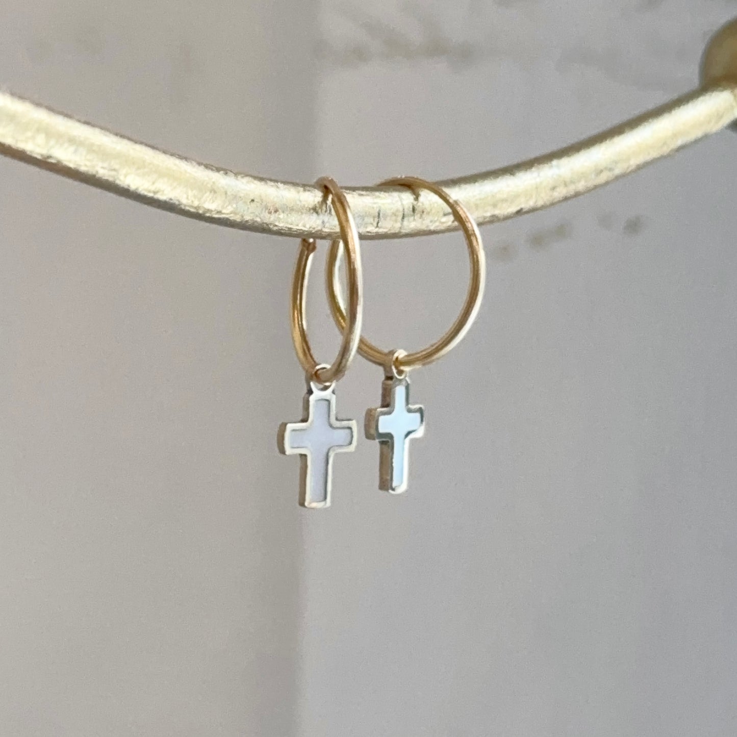 14KT Yellow Gold Small Endless Hoop + Mother of Pearl Cross Charms Earrings