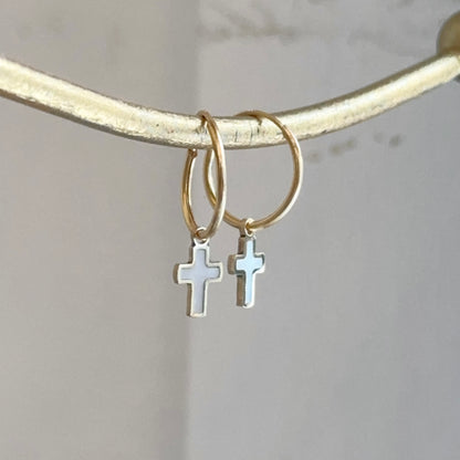 14KT Yellow Gold Small Endless Hoop + Mother of Pearl Cross Charms Earrings