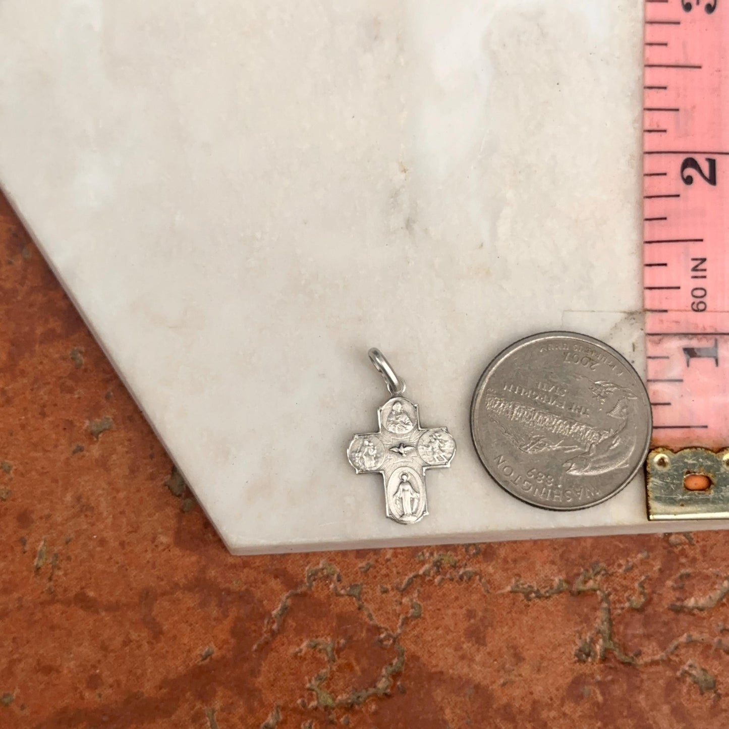 Sterling Silver Four Way Catholic Cross Medal Engraved Pendant Charm 19mm