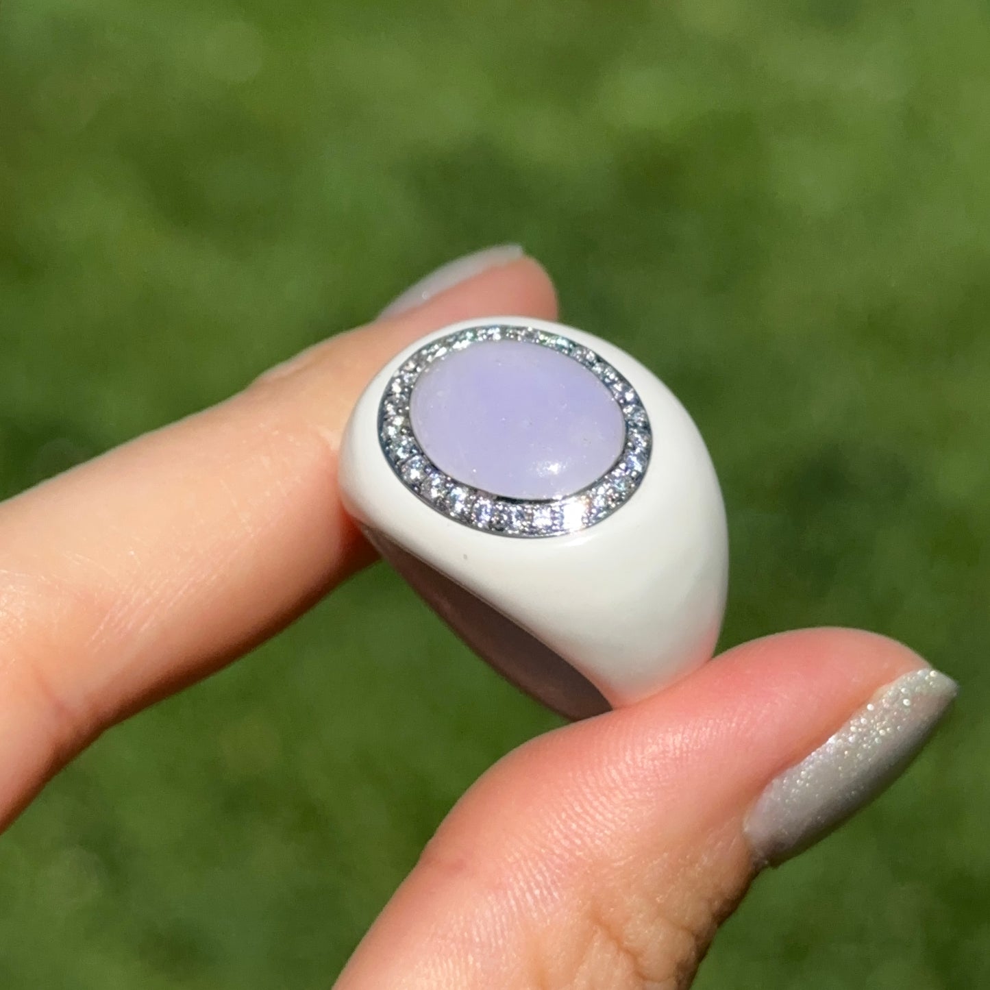 Estate 14KT White Gold Lavender Jade + Diamond Halo Ring