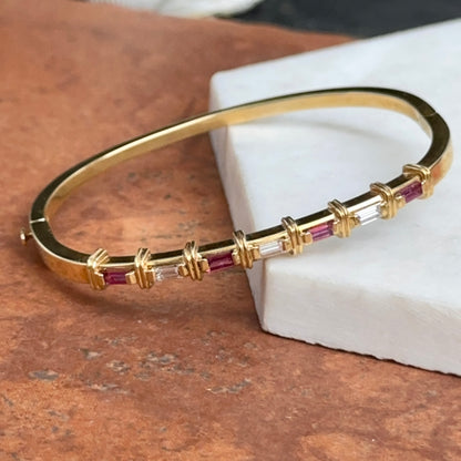 Estate 18KT Yellow Gold Baguette Red Ruby + Diamond Bangle Cuff Bracelet