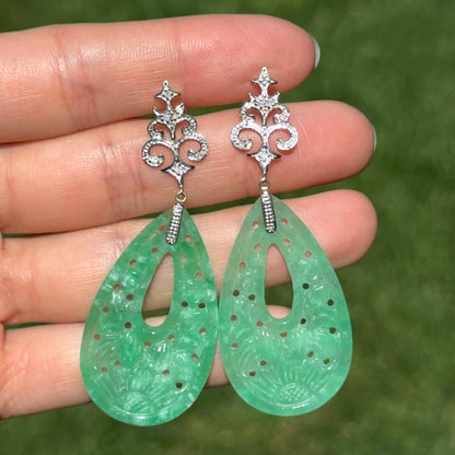 Estate 14KT Yellow Gold Carved Jade + Diamond Dangle Drop Earrings