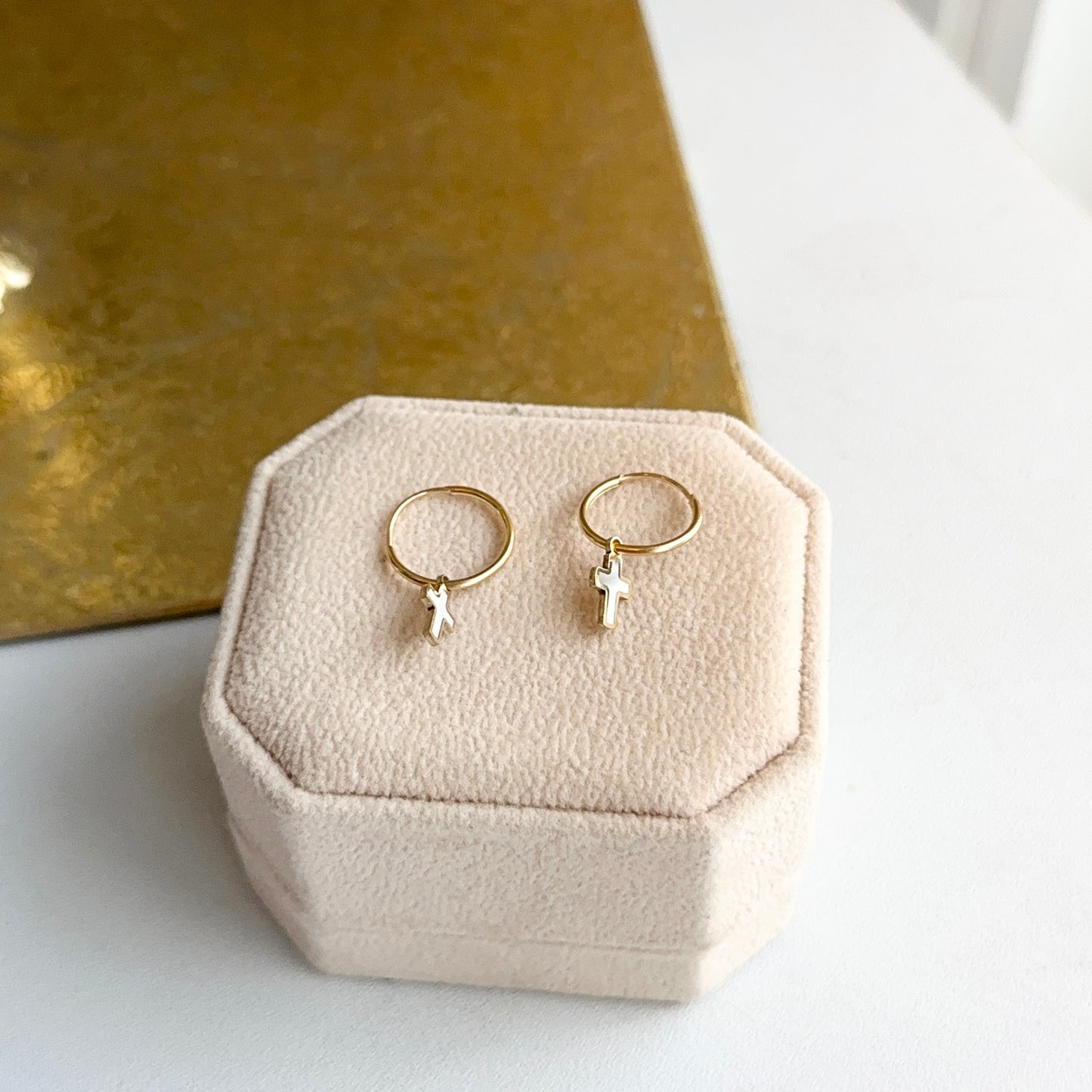 14KT Yellow Gold Small Endless Hoop + Mother of Pearl Cross Charms Earrings