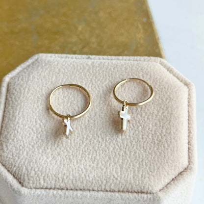 14KT Yellow Gold Small Endless Hoop + Mother of Pearl Cross Charms Earrings