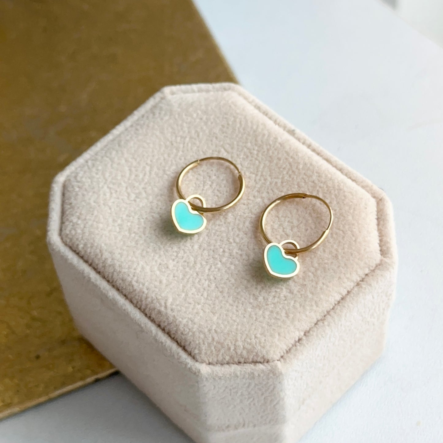 14KT Yellow Gold Shiny Endless Hoop + Turquoise Heart Charm Earrings