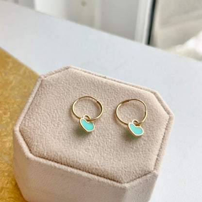 14KT Yellow Gold Shiny Endless Hoop + Turquoise Heart Charm Earrings