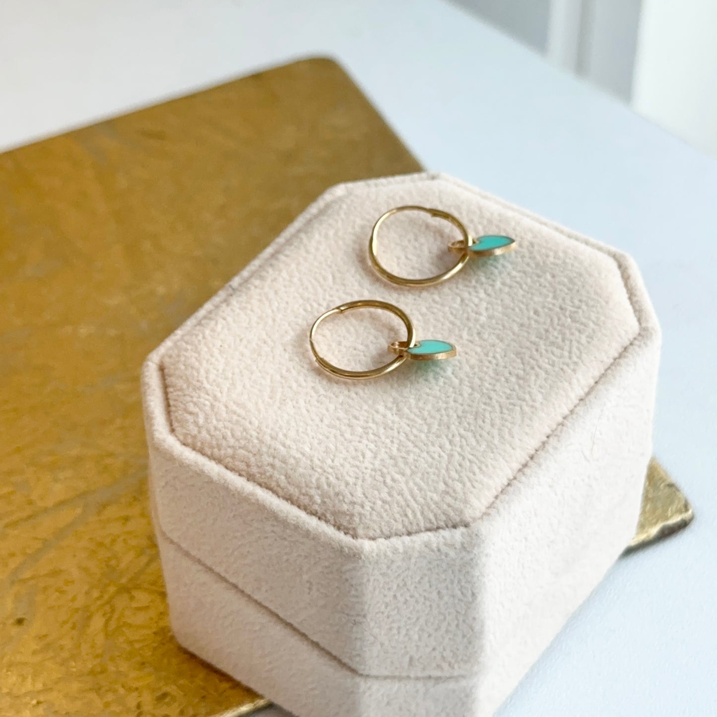 14KT Yellow Gold Shiny Endless Hoop + Turquoise Heart Charm Earrings