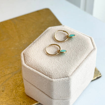 14KT Yellow Gold Shiny Endless Hoop + Turquoise Heart Charm Earrings