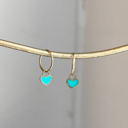 14KT Yellow Gold Shiny Endless Hoop + Turquoise Heart Charm Earrings