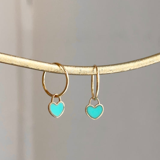 14KT Yellow Gold Shiny Endless Hoop + Turquoise Heart Charm Earrings