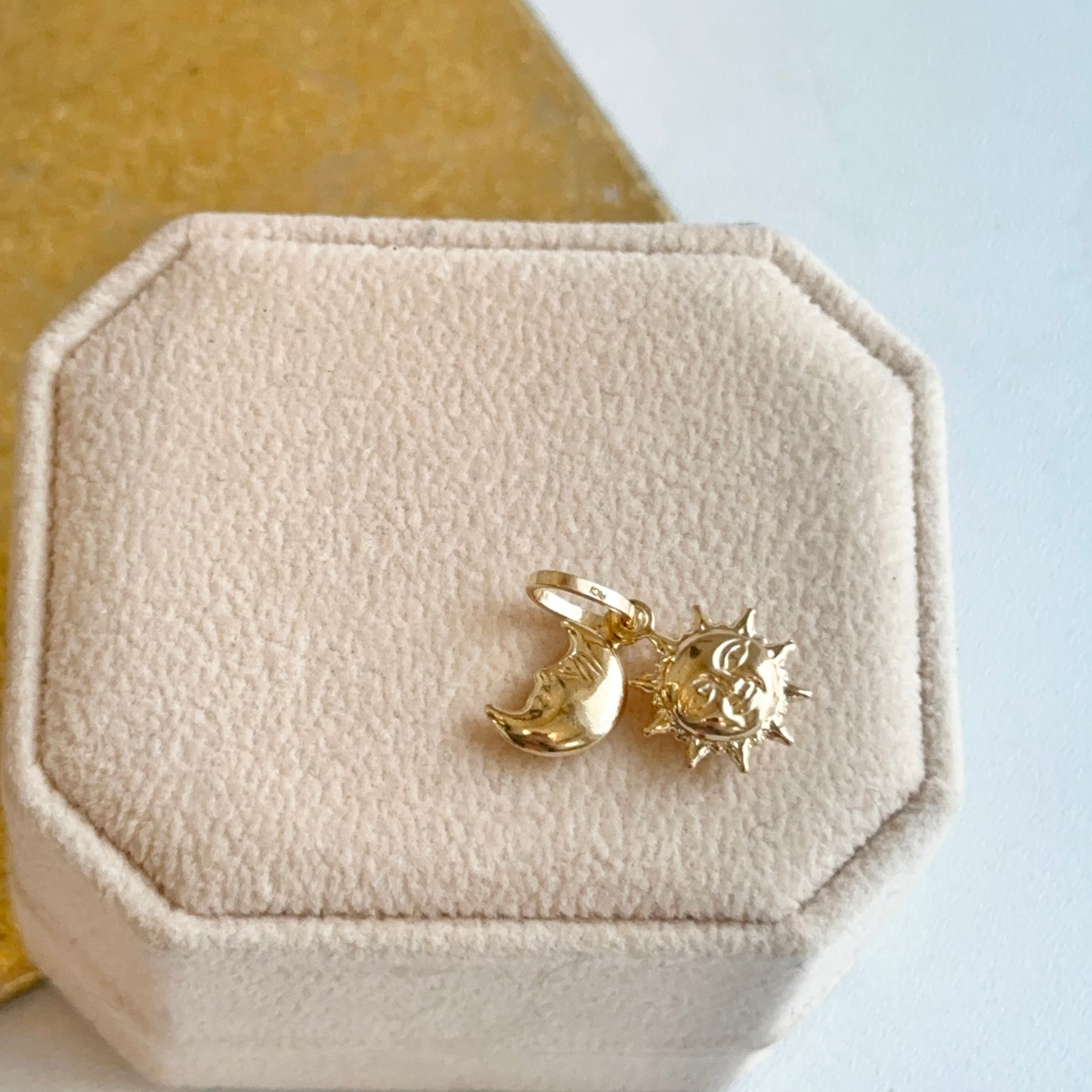 14KT Yellow Gold Puffed Sun + Moon Charms 2 in 1 Pendant Small