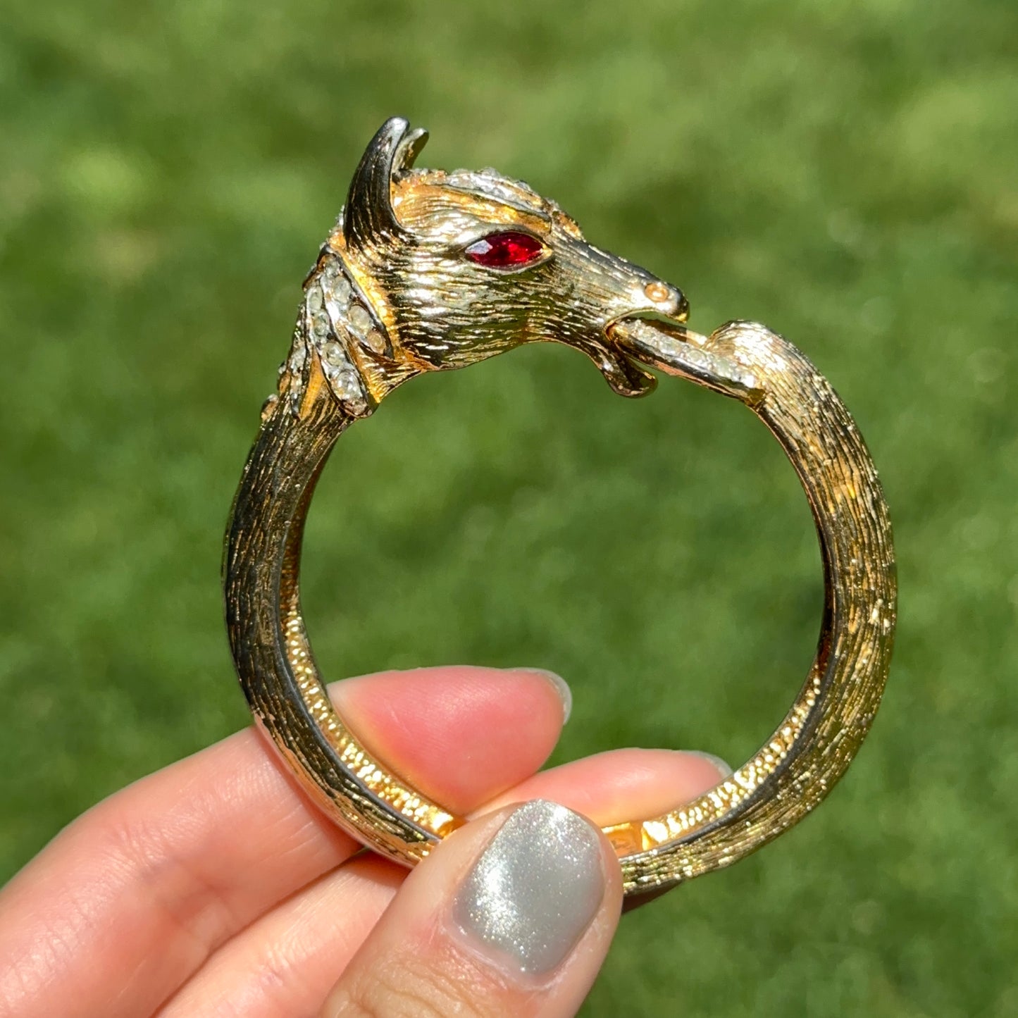 Estate Gold-Tone 3D Horse Bangle Bracelet with Clear White and Red Stones