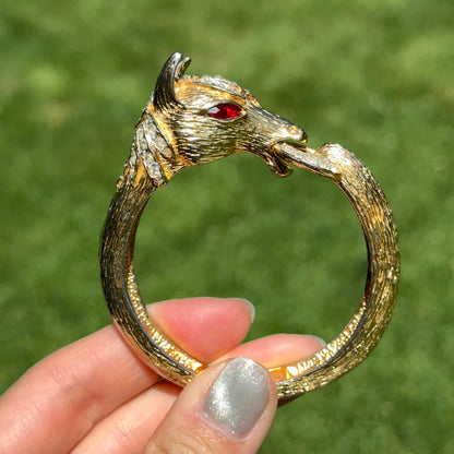 Estate Gold-Tone 3D Horse Bangle Bracelet with Clear White and Red Stones