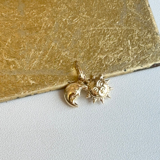 14KT Yellow Gold Puffed Sun + Moon Charms 2 in 1 Pendant Small