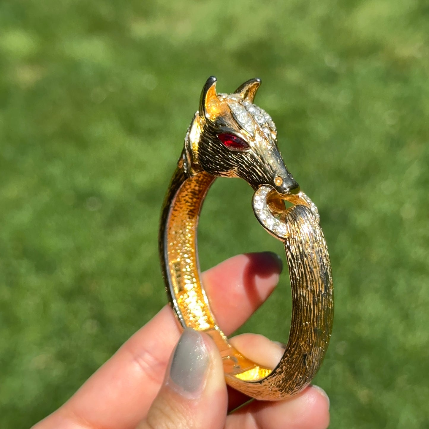 Estate Gold-Tone 3D Horse Bangle Bracelet with Clear White and Red Stones
