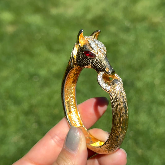 Estate Gold-Tone 3D Horse Bangle Bracelet with Clear White and Red Stones