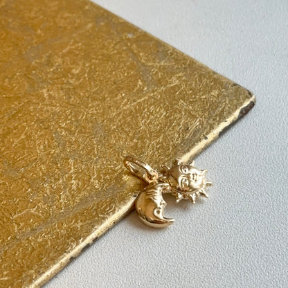 14KT Yellow Gold Puffed Sun + Moon Charms 2 in 1 Pendant Small