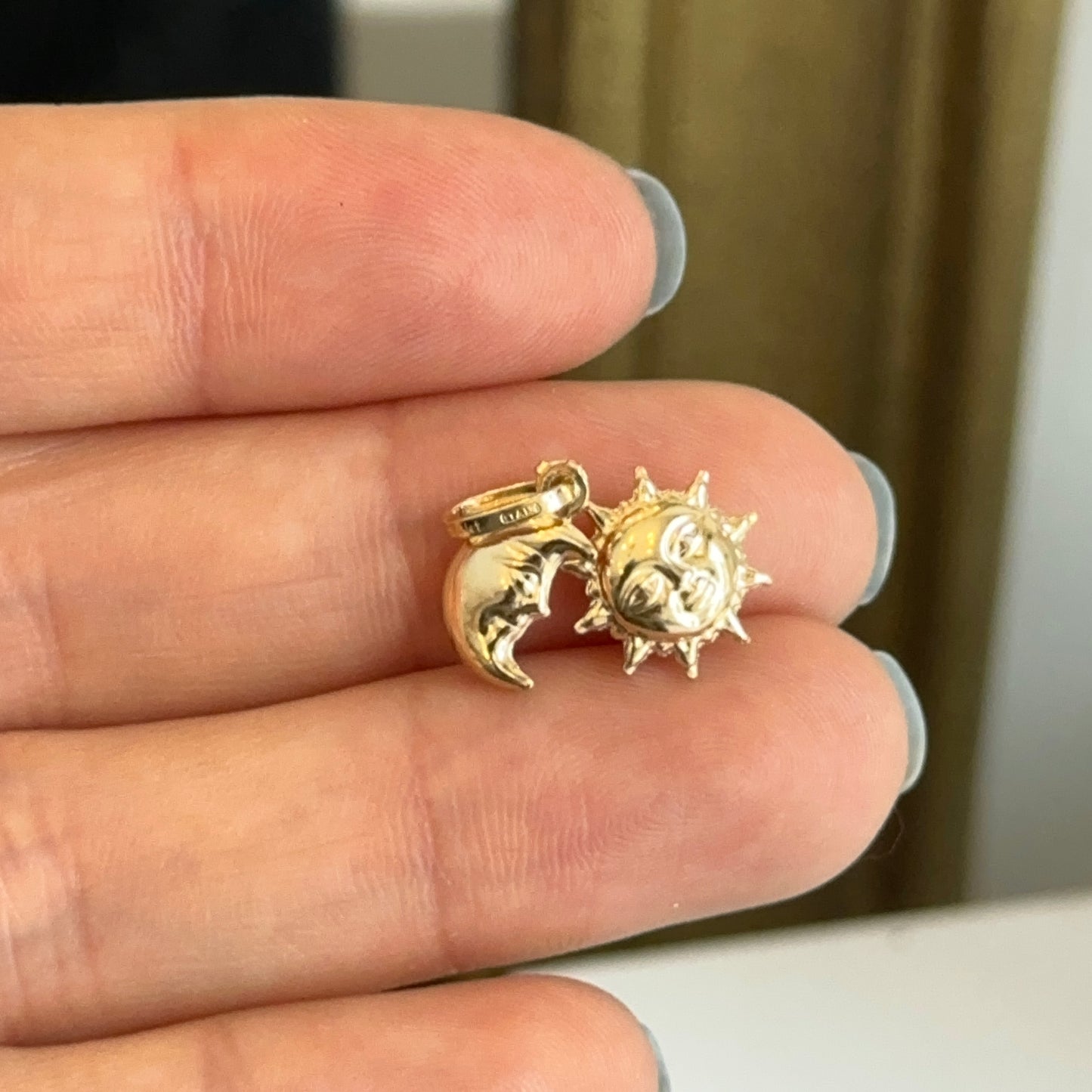 14KT Yellow Gold Puffed Sun + Moon Charms 2 in 1 Pendant Small