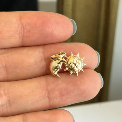 14KT Yellow Gold Puffed Sun + Moon Charms 2 in 1 Pendant Small