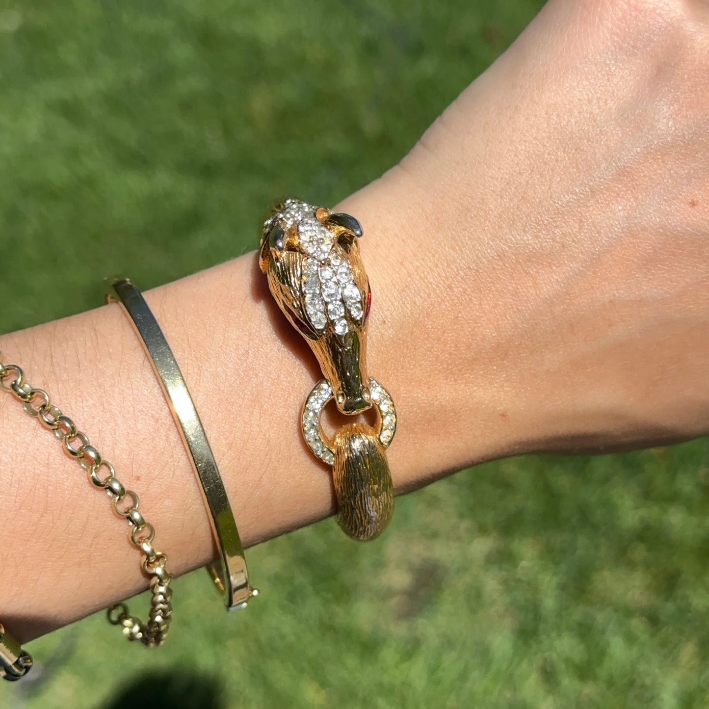 Estate Gold-Tone 3D Horse Bangle Bracelet with Clear White and Red Stones