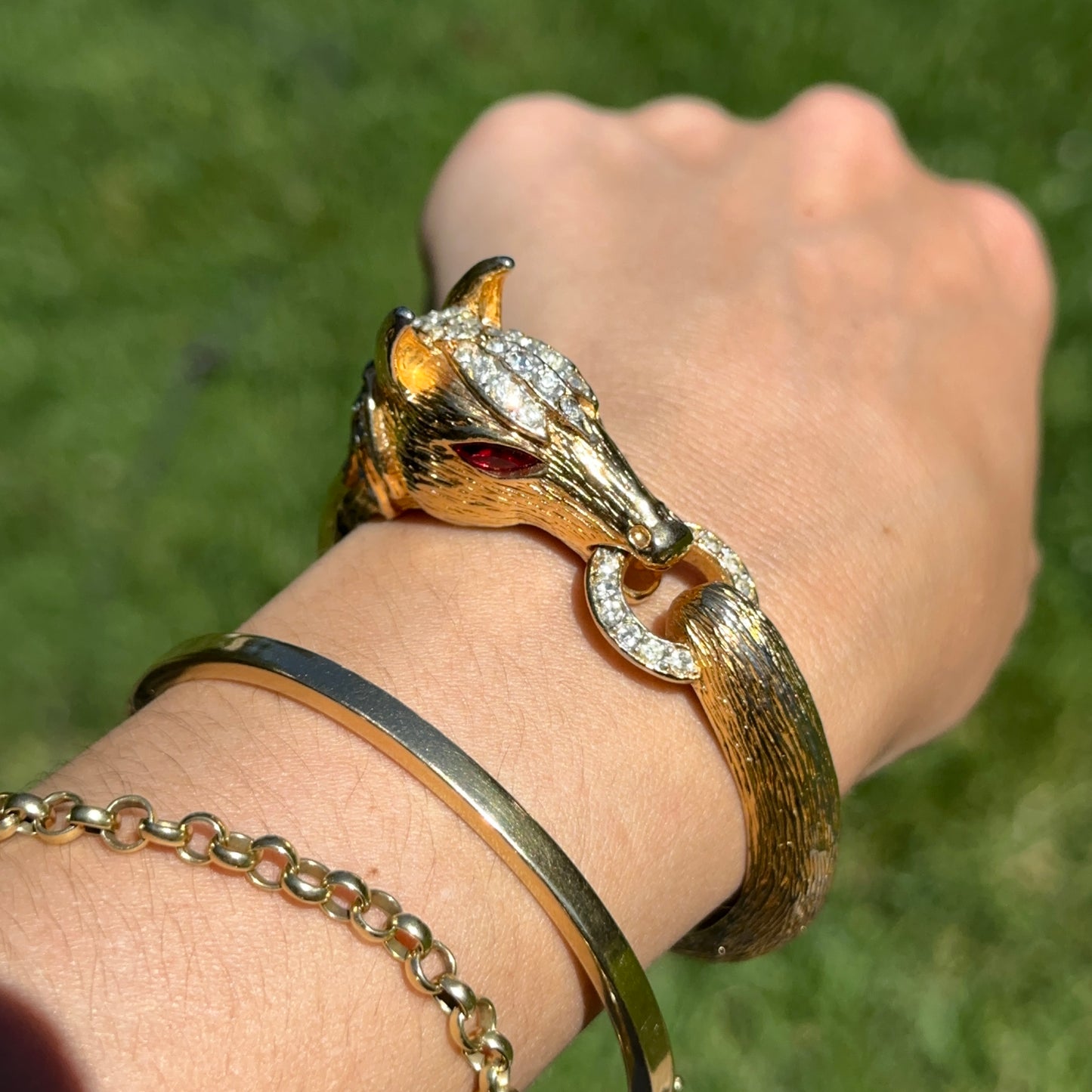 Estate Gold-Tone 3D Horse Bangle Bracelet with Clear White and Red Stones