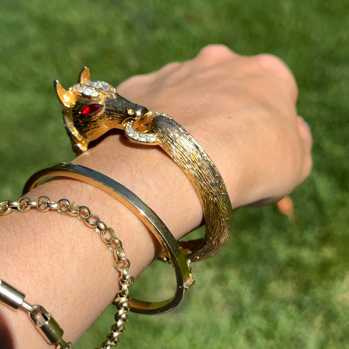 Estate Gold-Tone 3D Horse Bangle Bracelet with Clear White and Red Stones