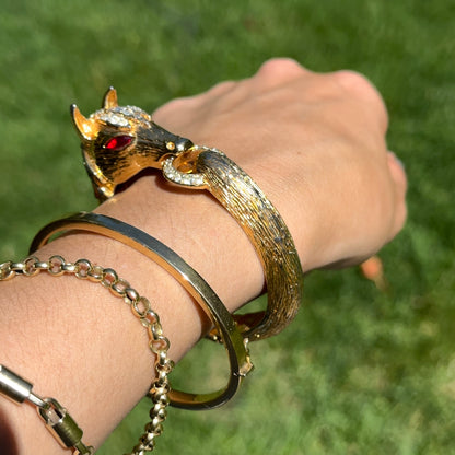 Estate Gold-Tone 3D Horse Bangle Bracelet with Clear White and Red Stones