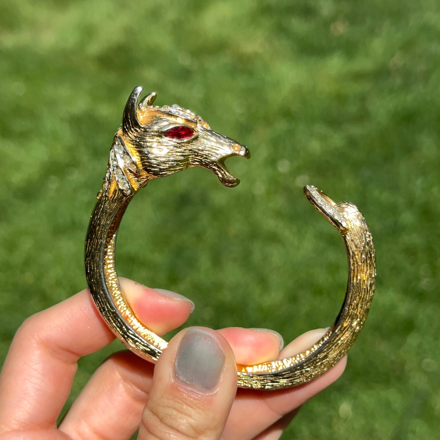 Estate Gold-Tone 3D Horse Bangle Bracelet with Clear White and Red Stones