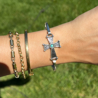 Sterling Silver Antiqued Cross Imitation Turquoise Bangle Bracelet