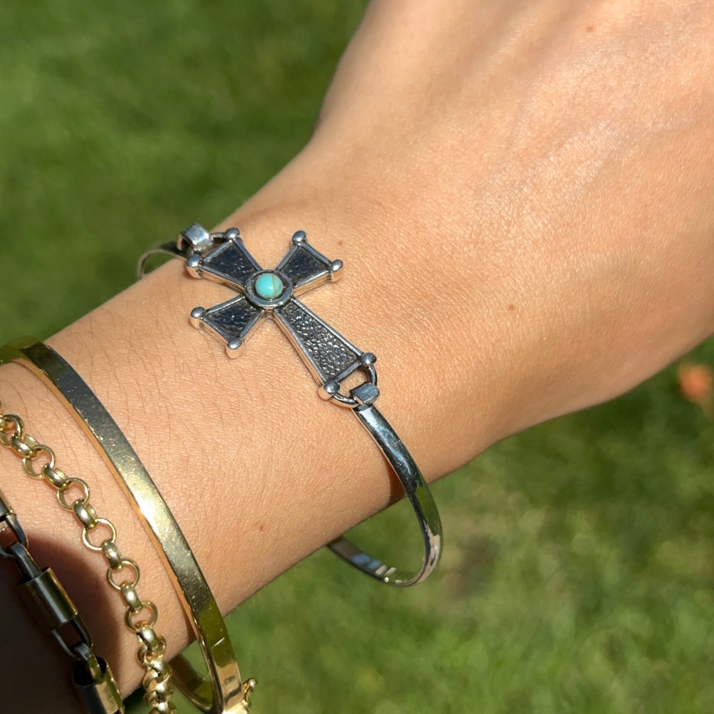 Sterling Silver Antiqued Cross Imitation Turquoise Bangle Bracelet