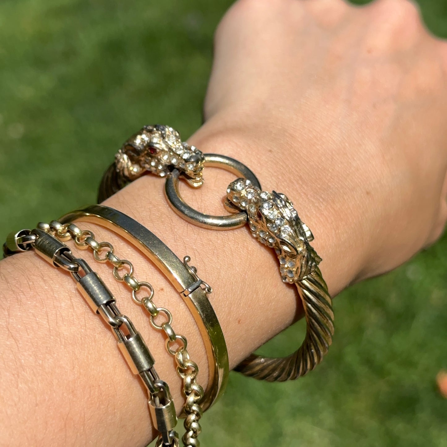Estate Gold-Tone Double Horse Head + Ring Bangle with White + Red Stones Bracelet